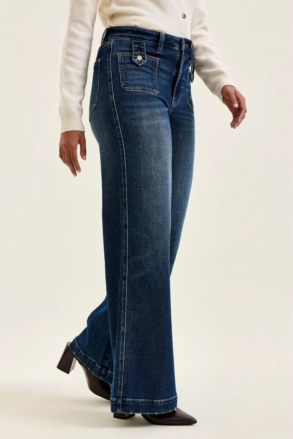 Judy Blue High Waist "lux" Retro Wide Jeans with Front Patch Tab Closure Dk Fade Indigo