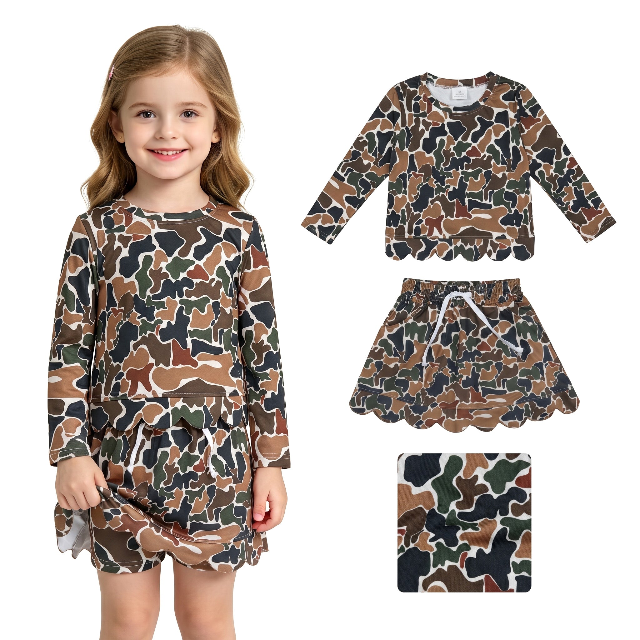 Long sleeves brown camo scallop top skirt girls outfit