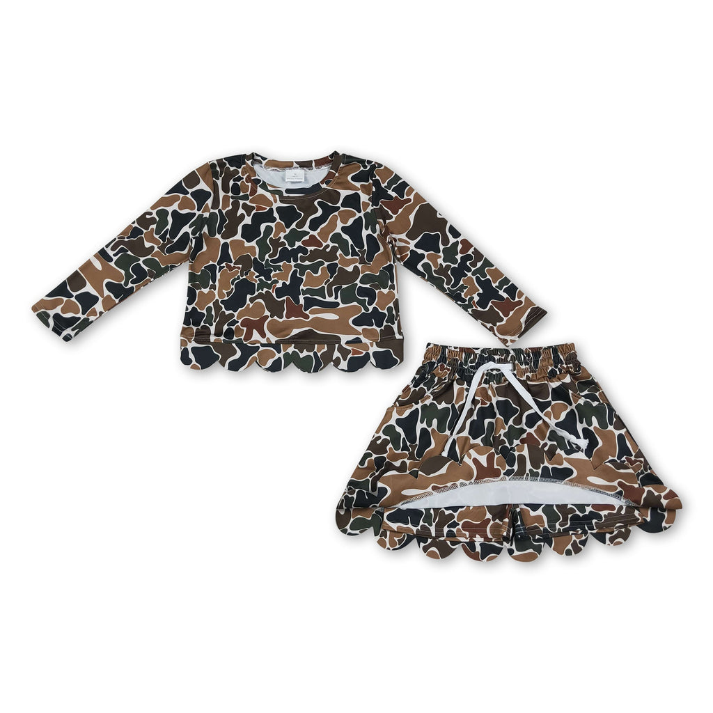 Long sleeves brown camo scallop top skirt girls outfit