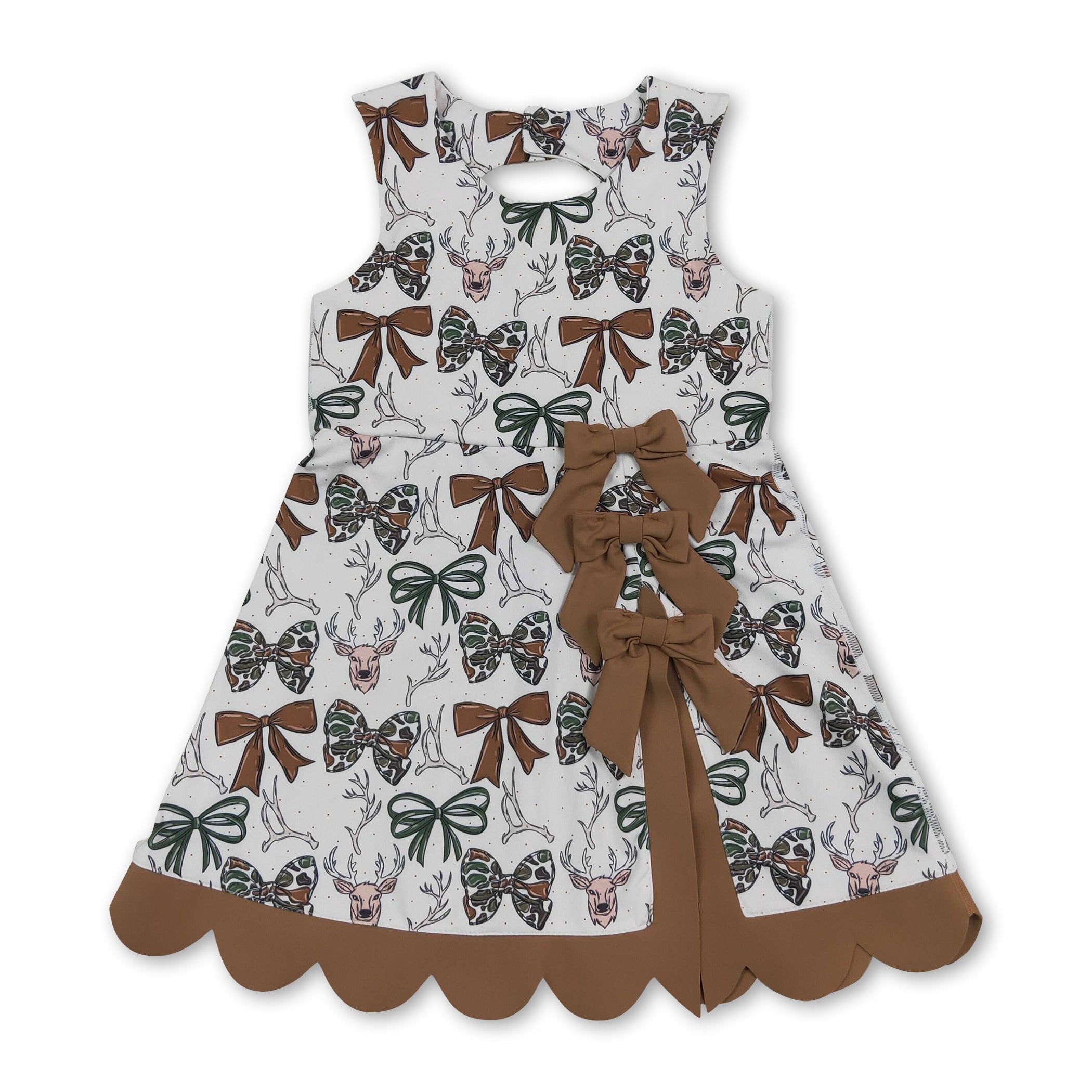 Sleeveless camo bow deer scallop kids girls athletic dress