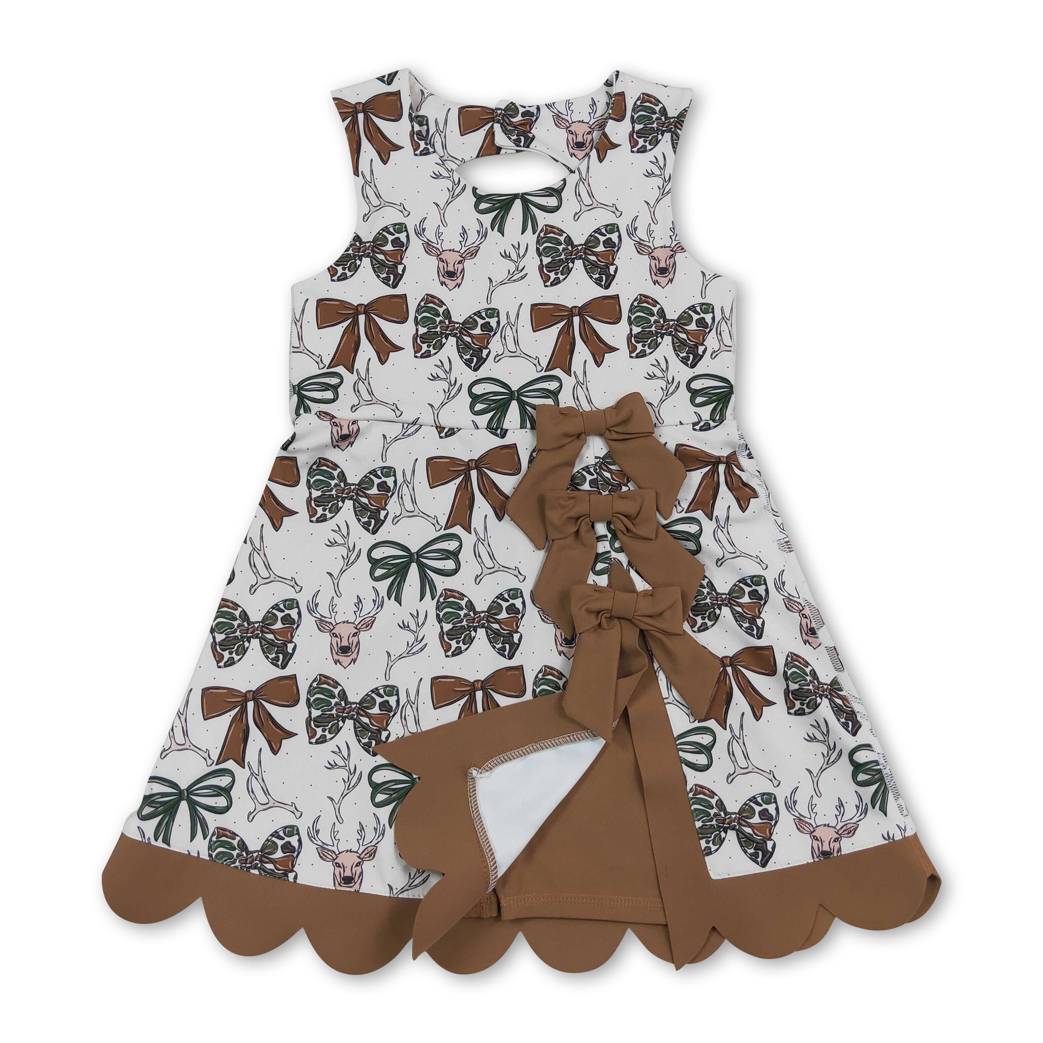 Sleeveless camo bow deer scallop kids girls athletic dress