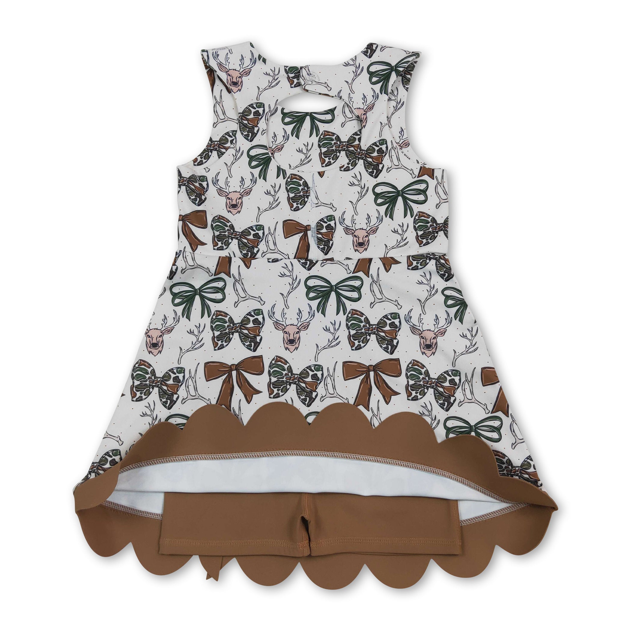 Sleeveless camo bow deer scallop kids girls athletic dress