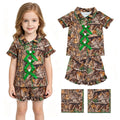 Short sleeves green bow camo girls button down pajamas set