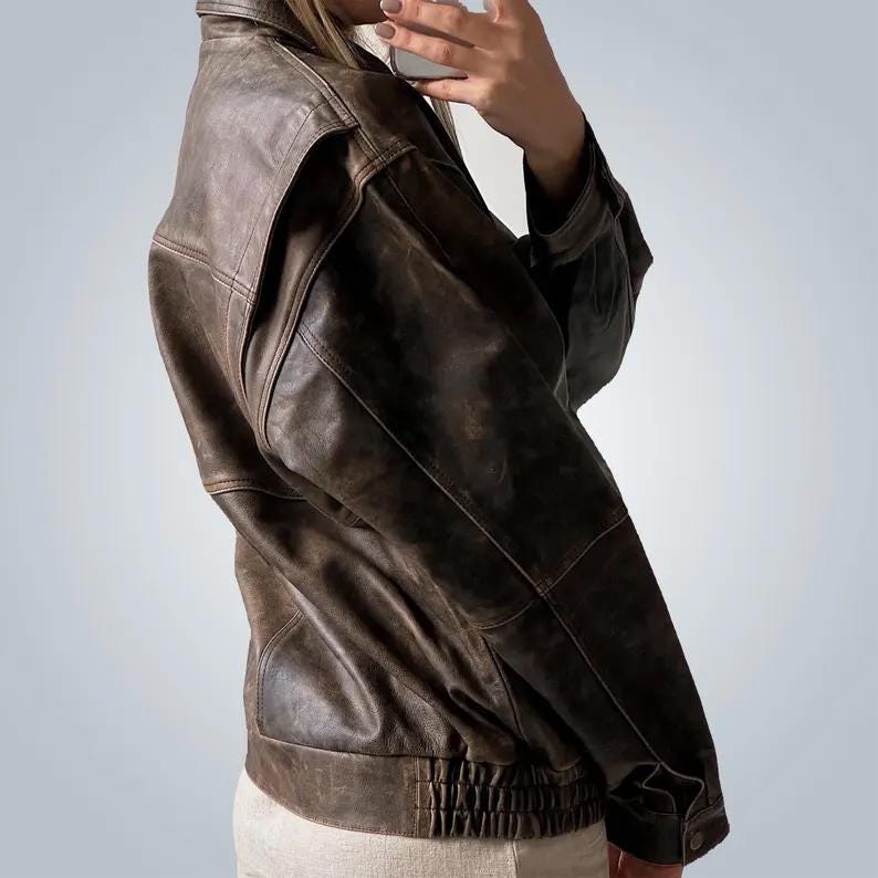 1980s & 90s Oversized Retro Distressed Brown Vintage Handmade Real Leather Jacket Women’s Streetwear Loose Fit Boxy Leather Coat,Ladies gift